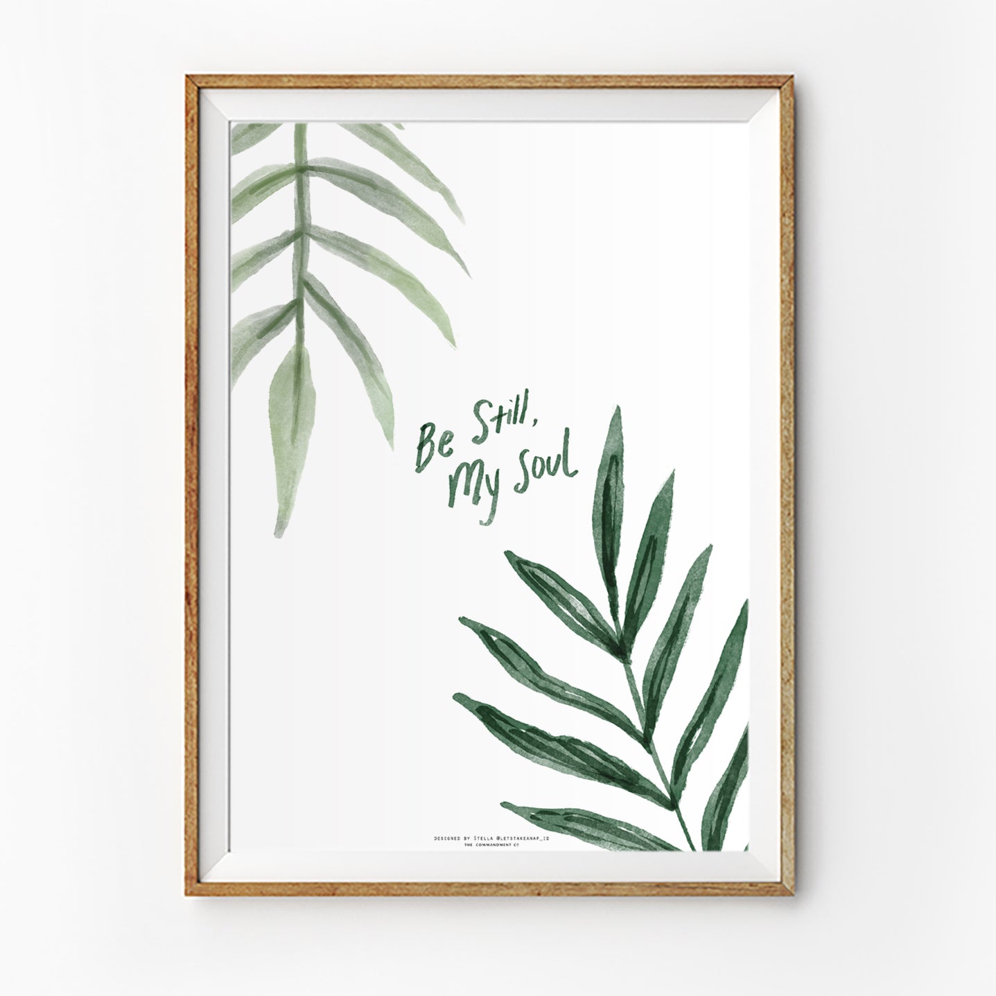 Christian poster featuring “Be Still, My Soul” with minimalist green botanical leaf illustrations