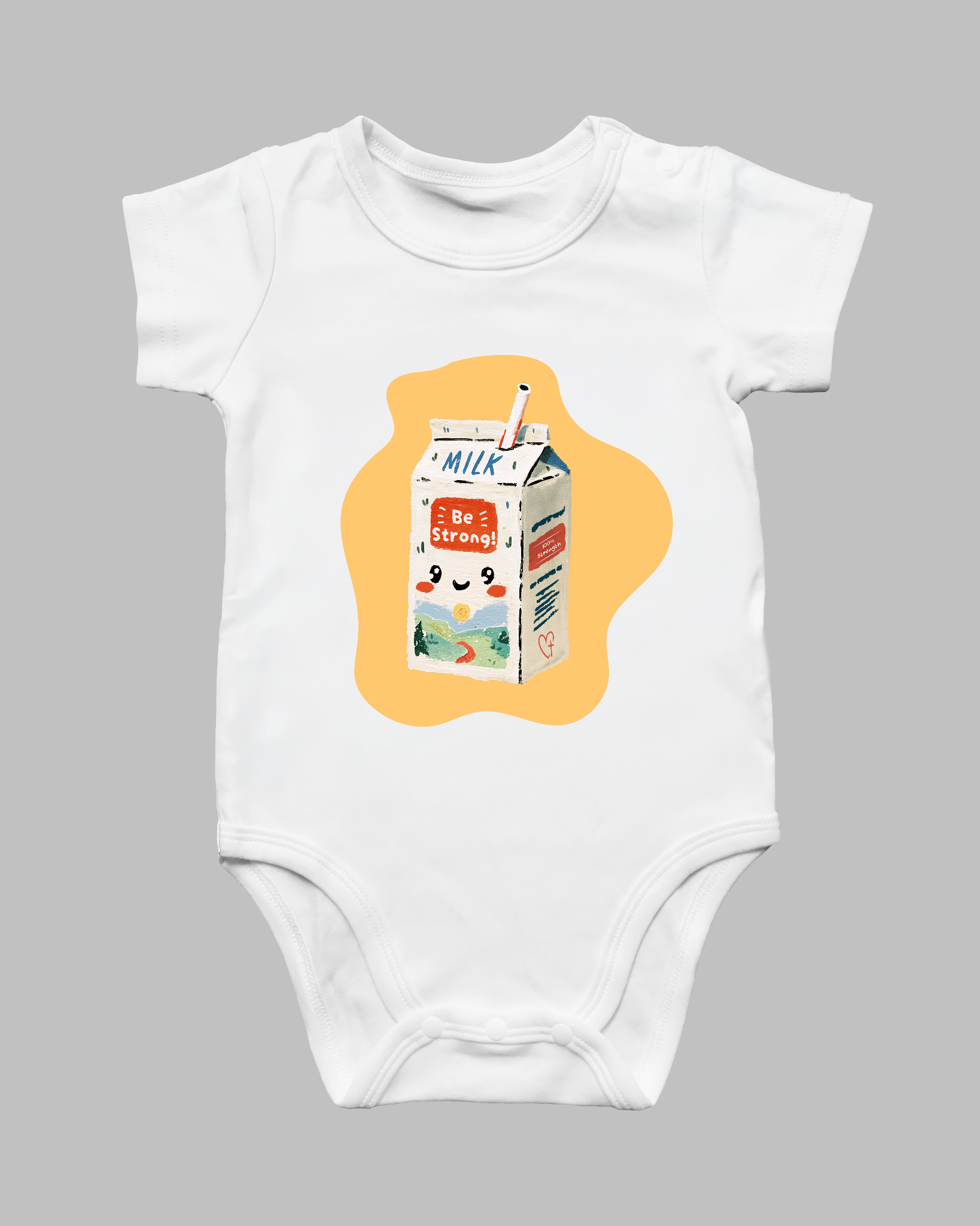 White Be Strong Milk Christian baby romper with cheerful illustrated milk carton design