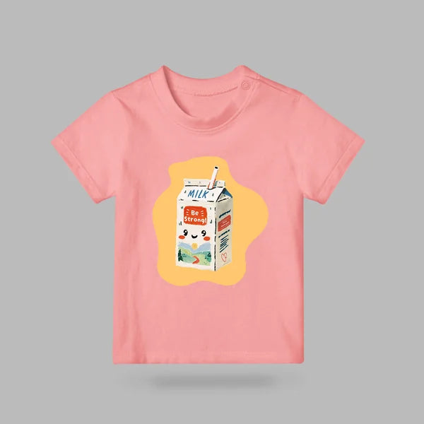 Pink Be Strong Milk kids T-shirt with cheerful milk carton graphic