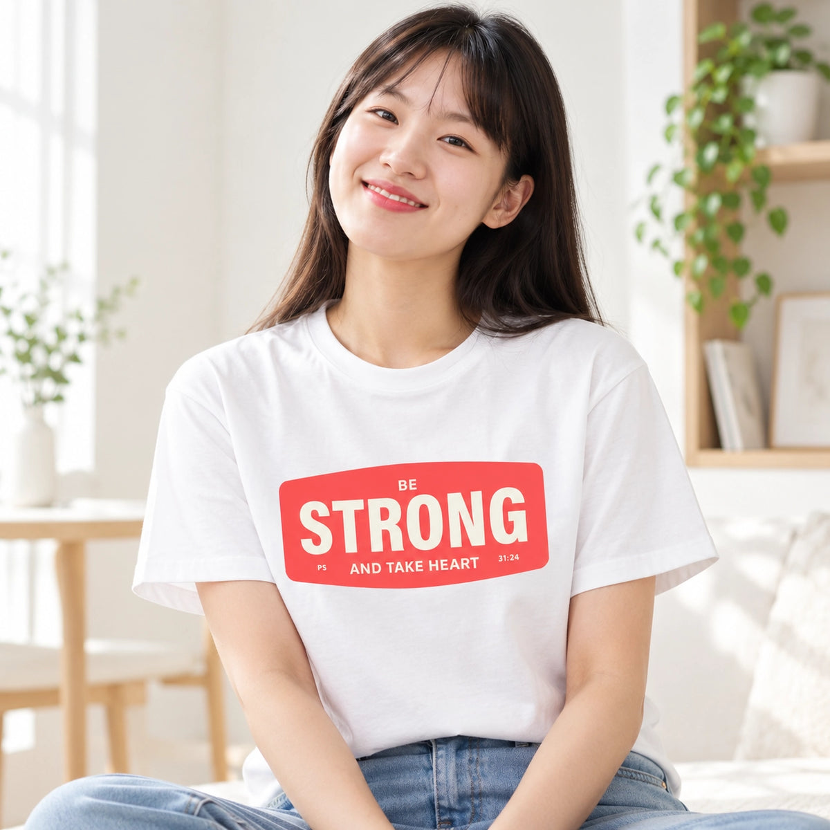 Be Strong and Take Heart Psalm 31:24 white Christian T-shirt worn indoors