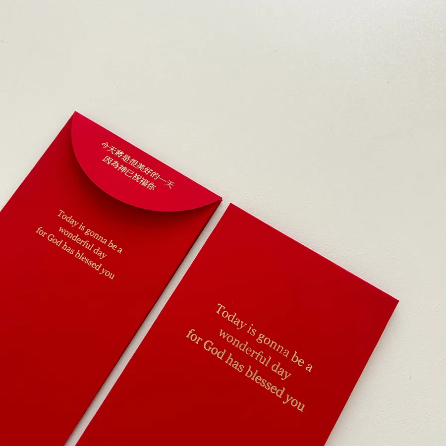 Beautiful red packet featuring the message "Today is gonna be a wonderful day for God has blessed you" with elegant gold foil design.