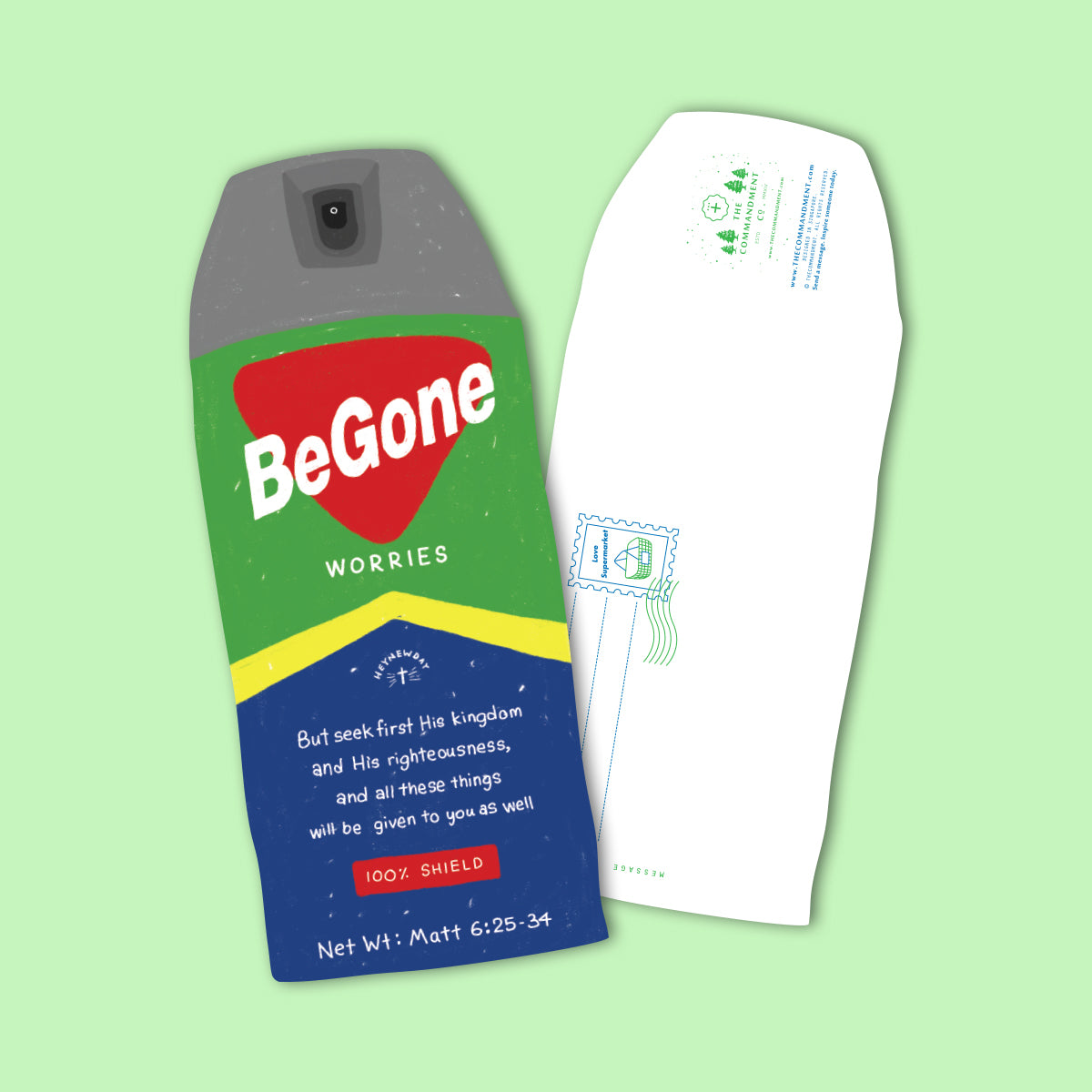 Insect-repellent-themed Christian postcard reminding to seek God first from Matthew 6:25–34.