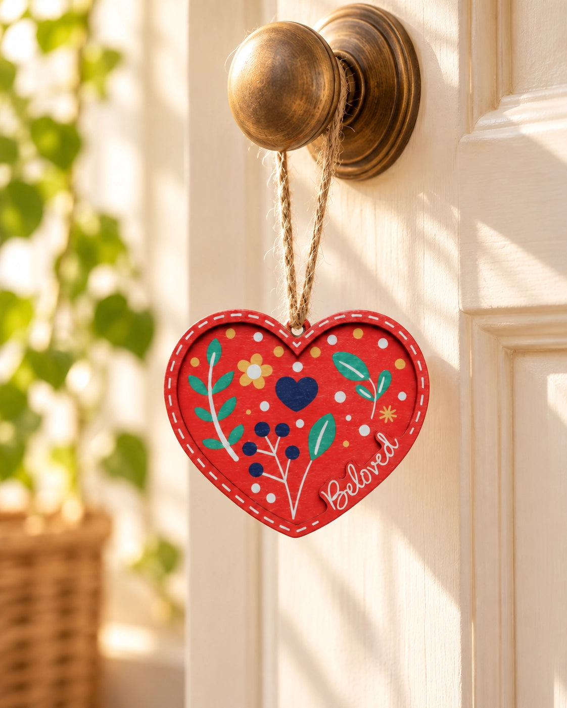 Beloved red heart Christmas tree bauble hanging from a brass door knob.