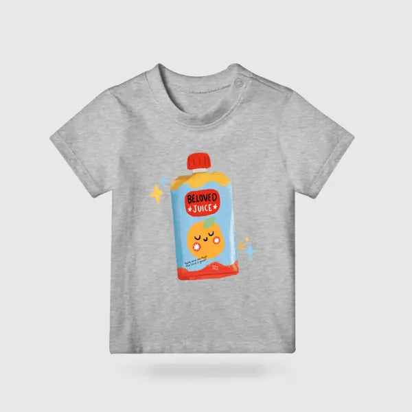 Beloved Juice Christian kids’ T-shirt in grey with a colourful juice pouch illustration