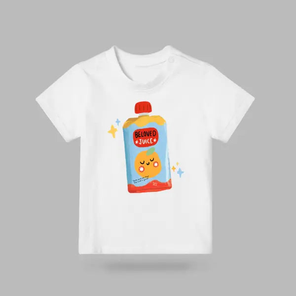 Beloved Juice Christian kids’ T-shirt in white with a colourful juice pouch illustration