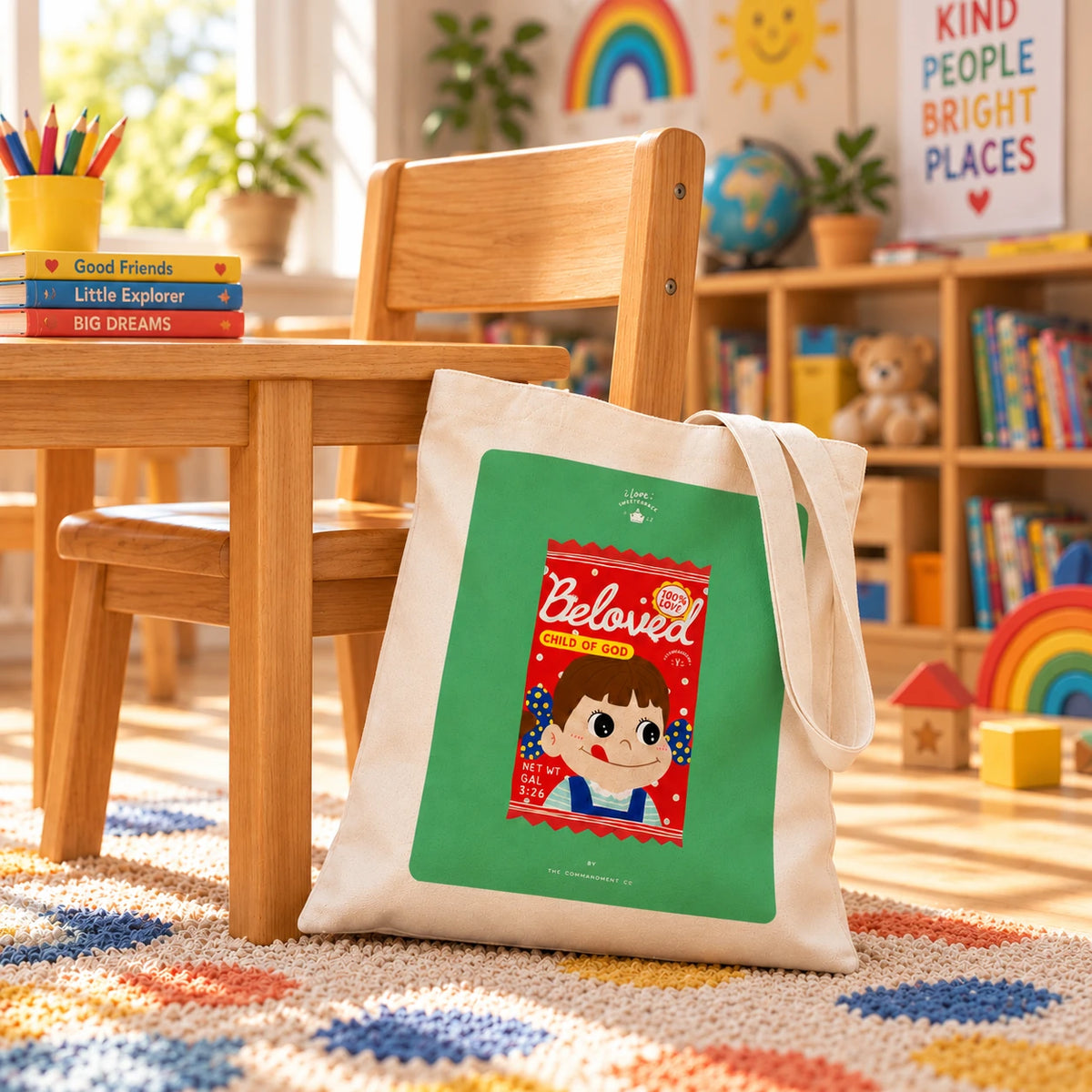 Beloved Milky Candy Galatians 3:26 Christian canvas tote bag leaning against a child's wooden classroom chair