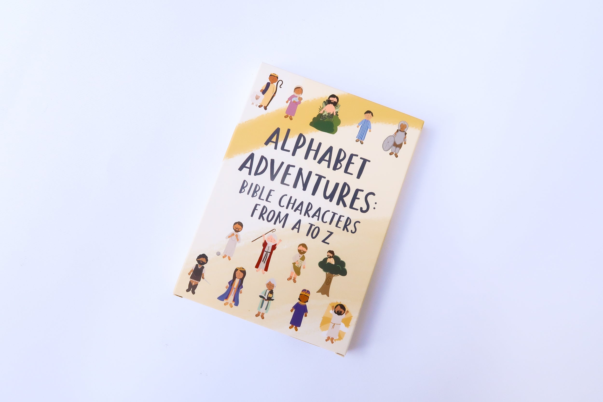 Bible alphabet flashcards featuring illustrated biblical characters like Noah, David, Queen Esther, and Yahweh. A fun and educational Christian gift for kids