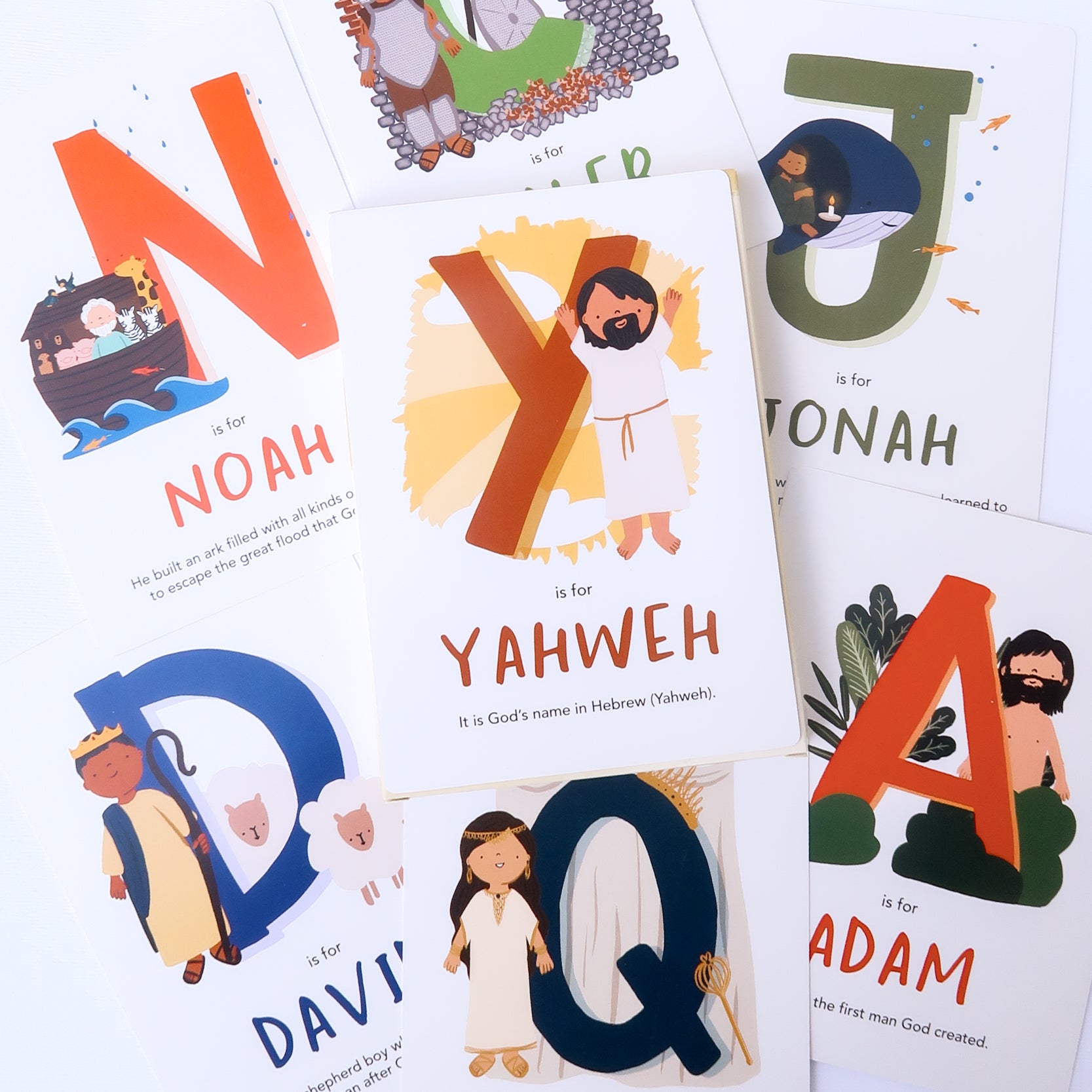 Alphabet Adventures: Bible Characters from A to Z – a Christian flashcard set for kids with colorful illustrations of biblical figures, perfect for learning and gifting.