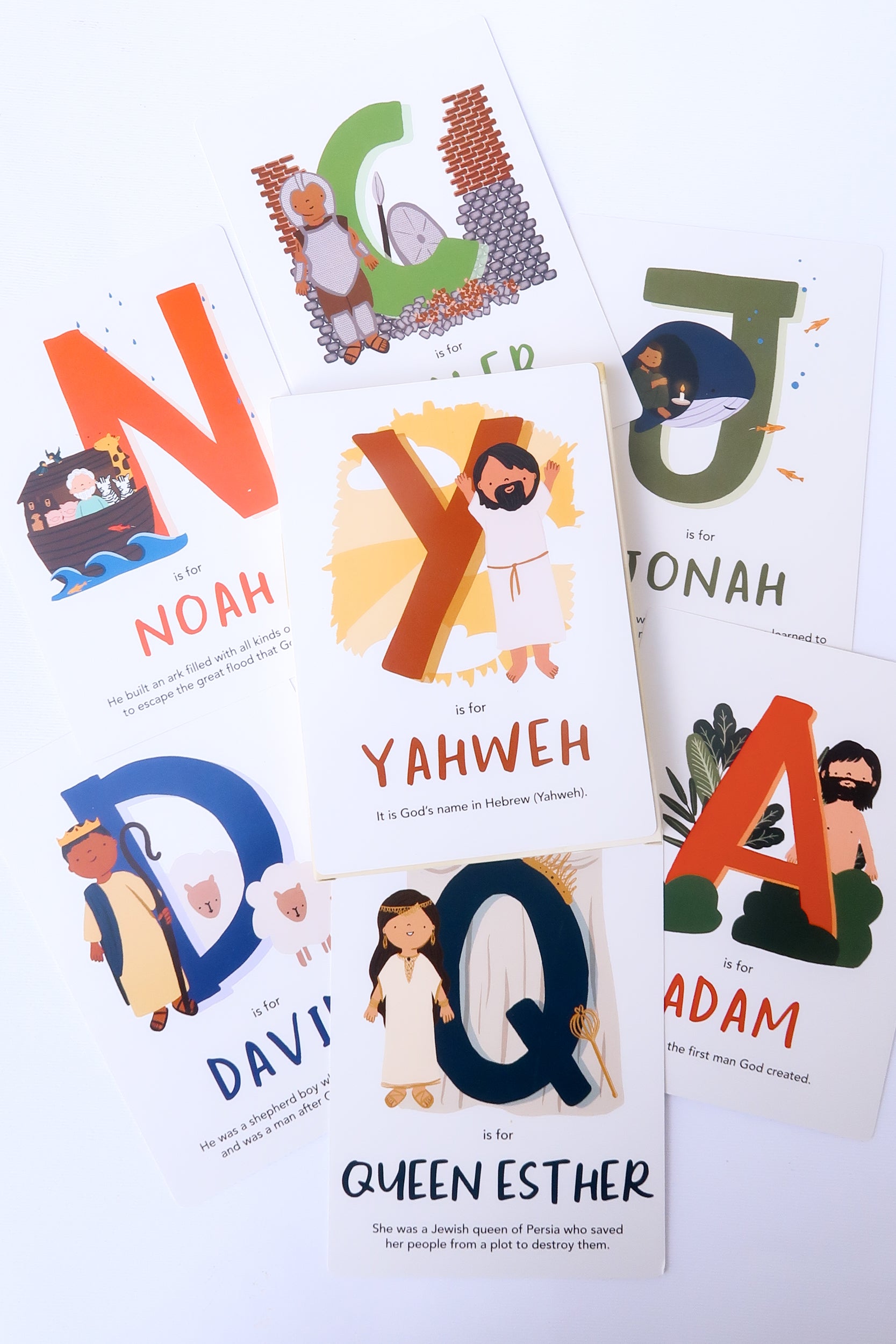 Alphabet Adventures: Bible Characters from A to Z – a Christian flashcard set for kids with colorful illustrations of biblical figures, perfect for learning and gifting.