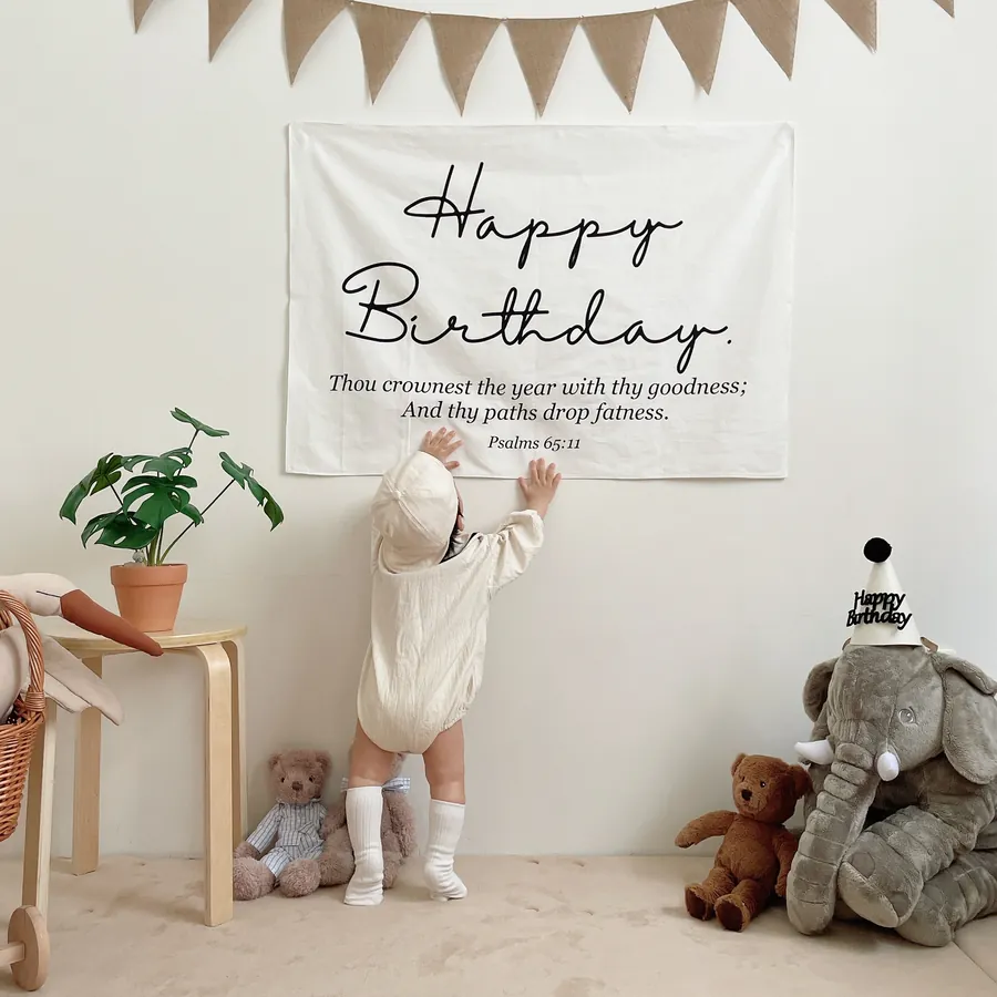 Faith-based birthday banner featuring scripture design and natural texture material