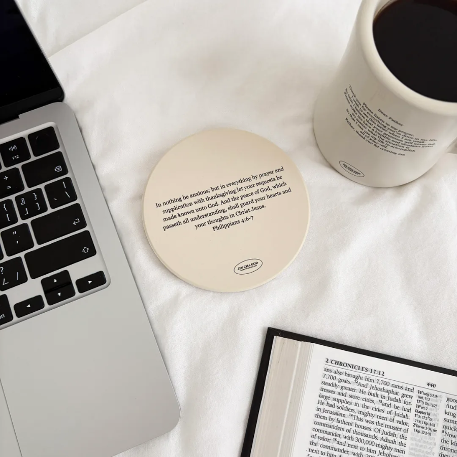 Christian ceramic coaster with Philippians 4:6-7 Bible verse design