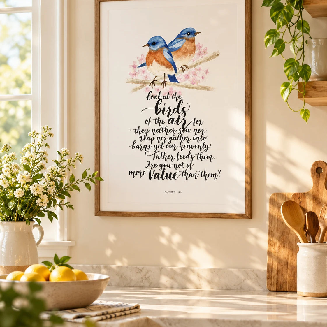 Birds Matthew 6:26 Christian poster framed in a sunny kitchen