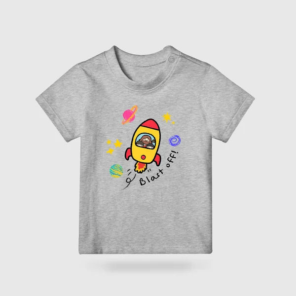 Grey Blast Off rocket kids T-shirt featuring a colourful rocket and space doodles