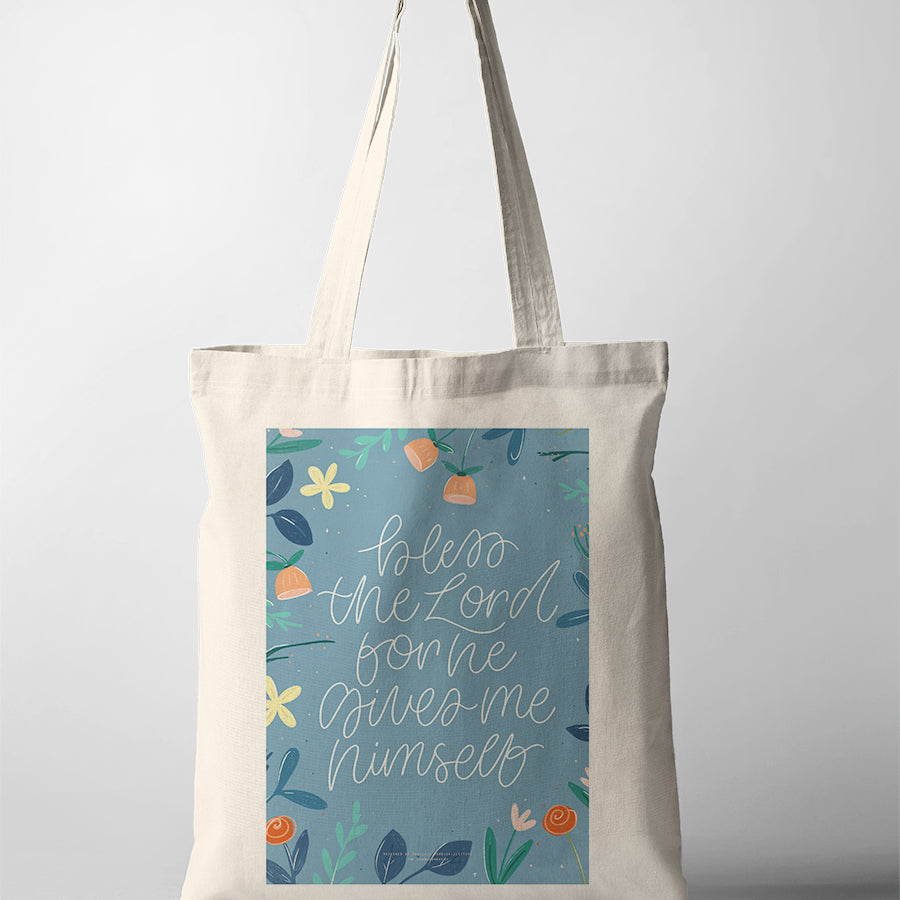 Christian tote bag featuring “Bless the Lord for He gives me Himself” with blue floral artwork