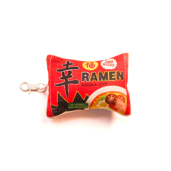 Blessed Ramen plushie keychain with red ramen packet design and clip