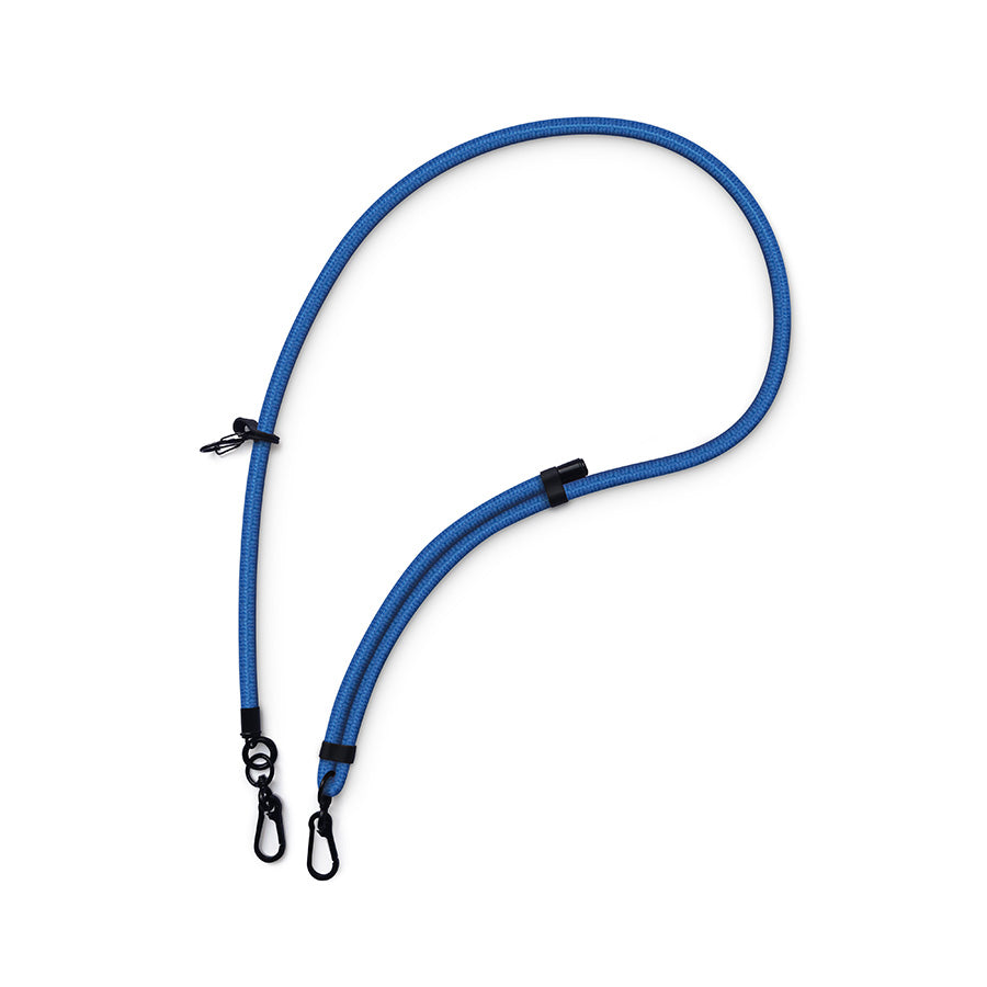 Blue adjustable woven bag strap with secure metal clips for bags and everyday accessories.