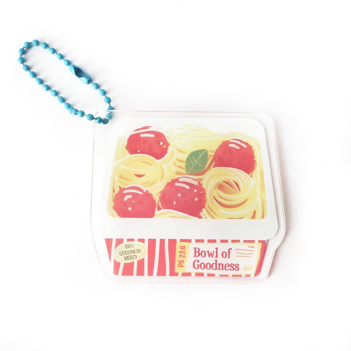 Christian keychain featuring a spaghetti and meatballs illustration with the text ‘Bowl of Goodness’ and Psalm 23:6, symbolizing God’s goodness and mercy.
