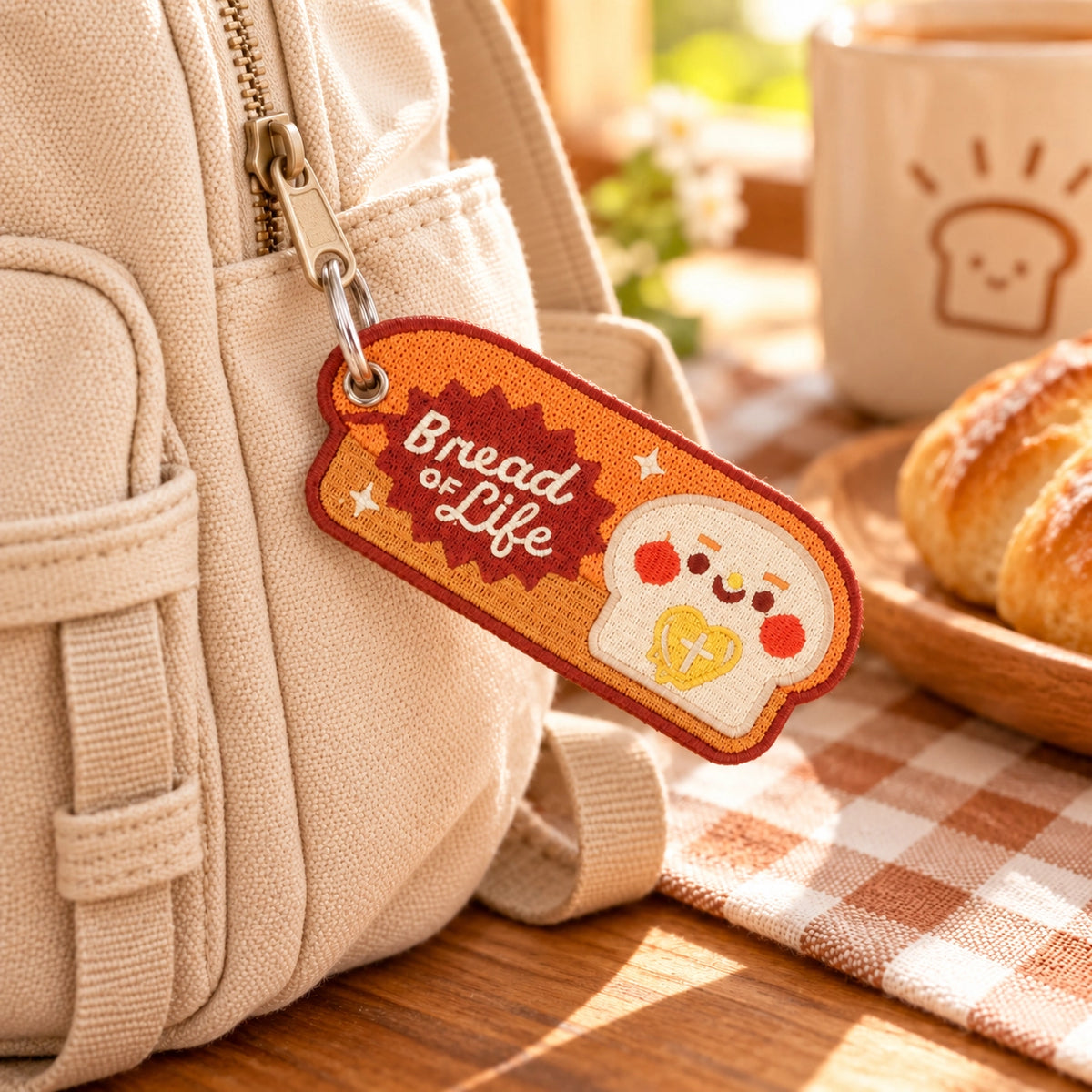 Bread of Life embroidered Christian keychain hanging from a canvas backpack zipper