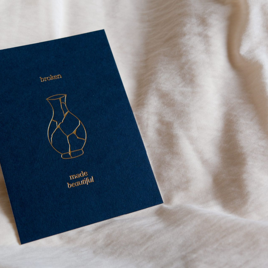 Broken Made Beautiful letterpress print featuring a cracked vase inspired by kintsugi, symbolising healing, redemption, and beauty restored.