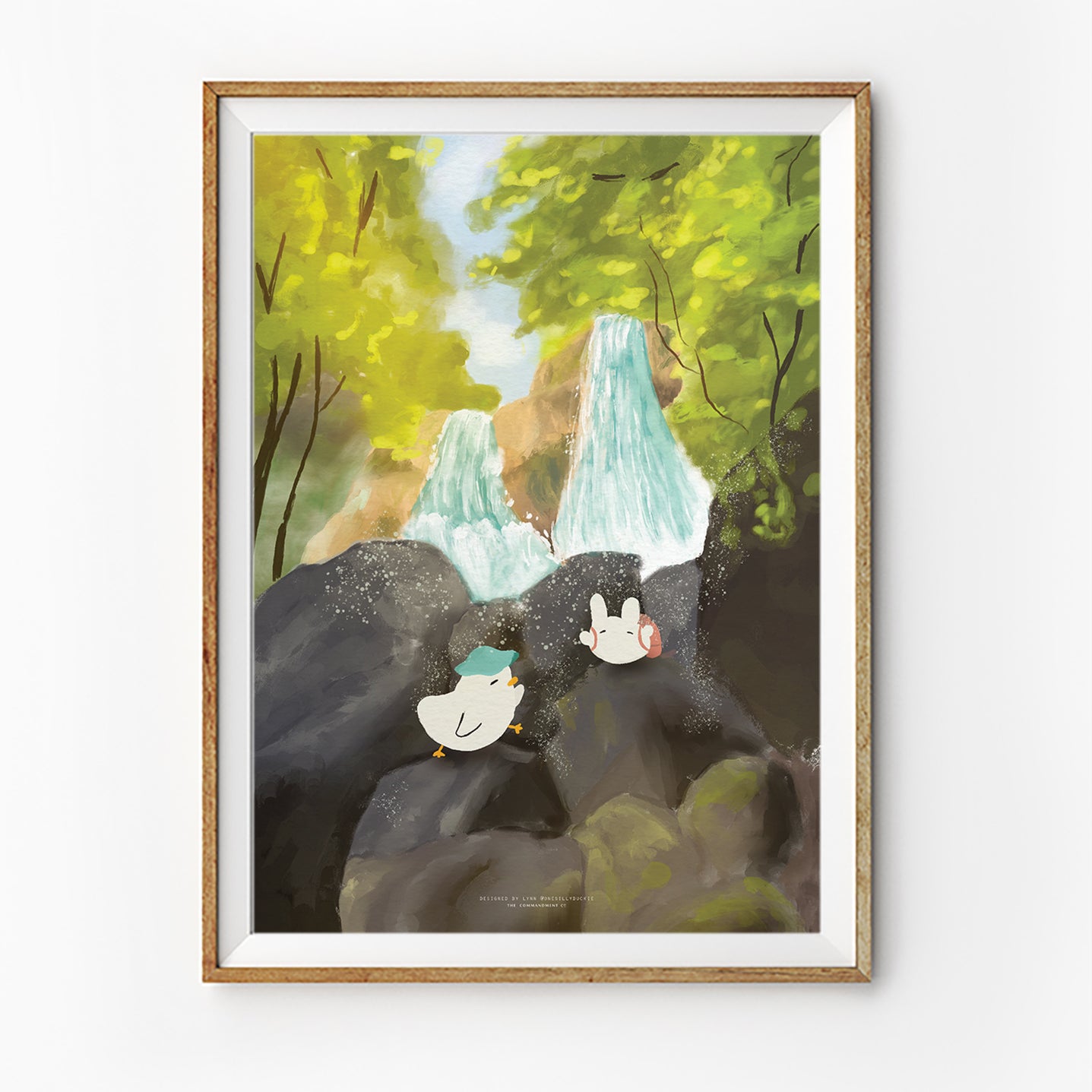 Christian wall art illustration of two ducks resting by a waterfall in a lush forest, symbolising peace, renewal, and God’s presence, illustrated by Onesillyduckie in collaboration with The Commandment Co