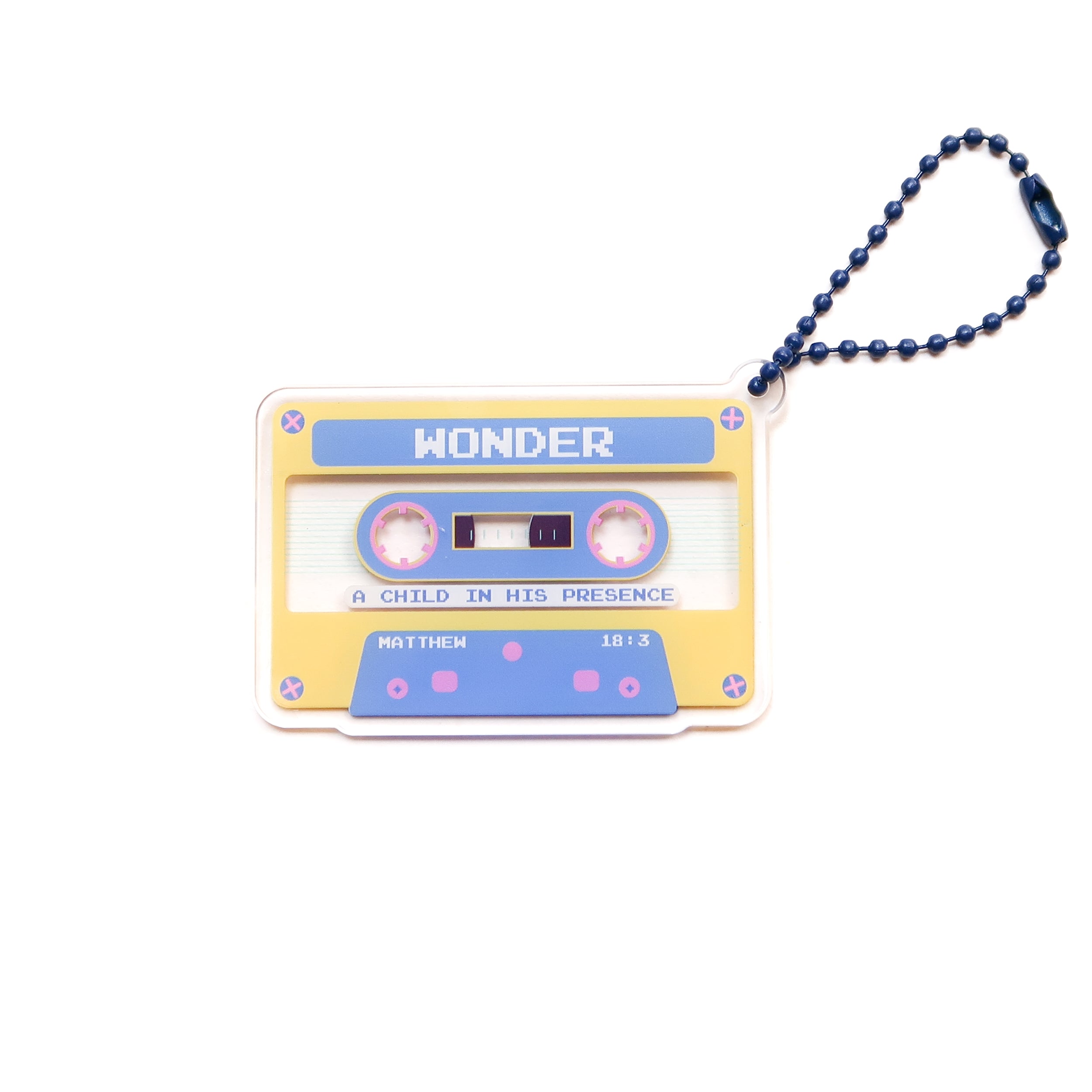 Acrylic cassette-tape keychain with the message “A CHILD IN HIS PRESENCE” (Matthew 18:3) and a blue ball-chain, a faith-inspired Christian gift from The Commandment Co.