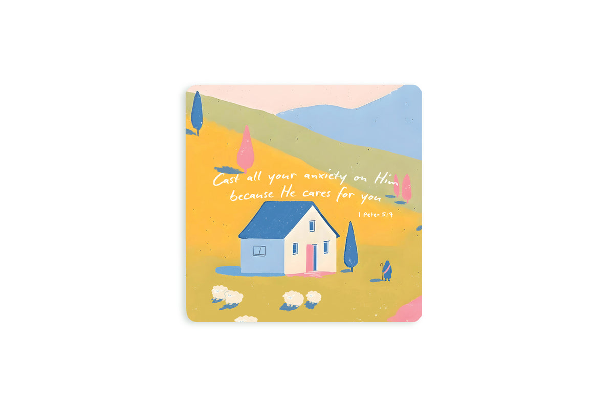 Christian coaster featuring a peaceful hillside scene with a small house, sheep, and the verse “Cast all your anxiety on Him because He cares for you” from 1 Peter 5:7.