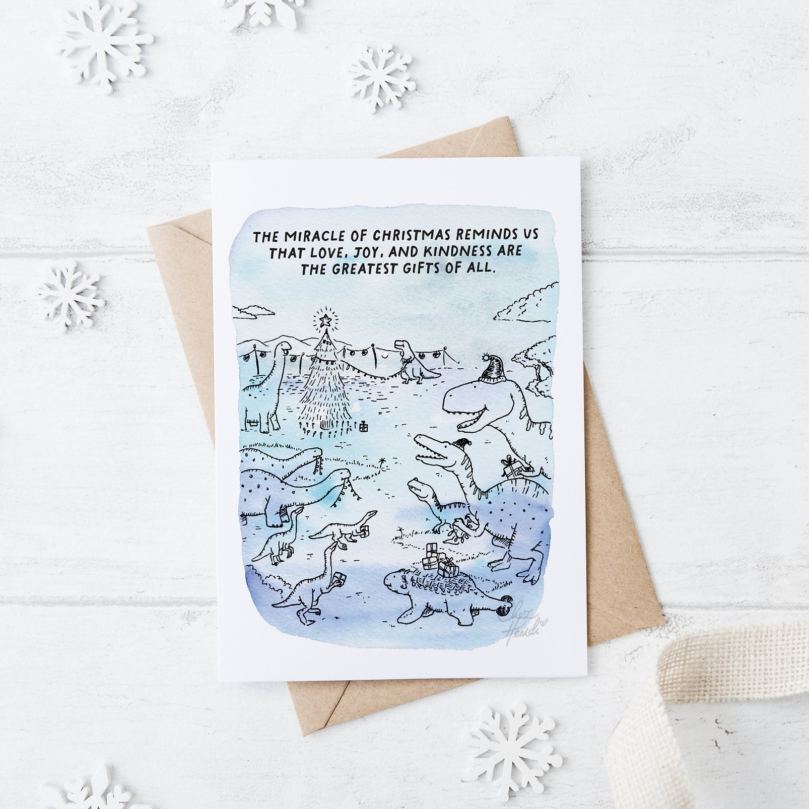 ChezHemdi A6 dino postcard with ‘The Miracle of Christmas’ verse – Christian Christmas card from The Commandment Co