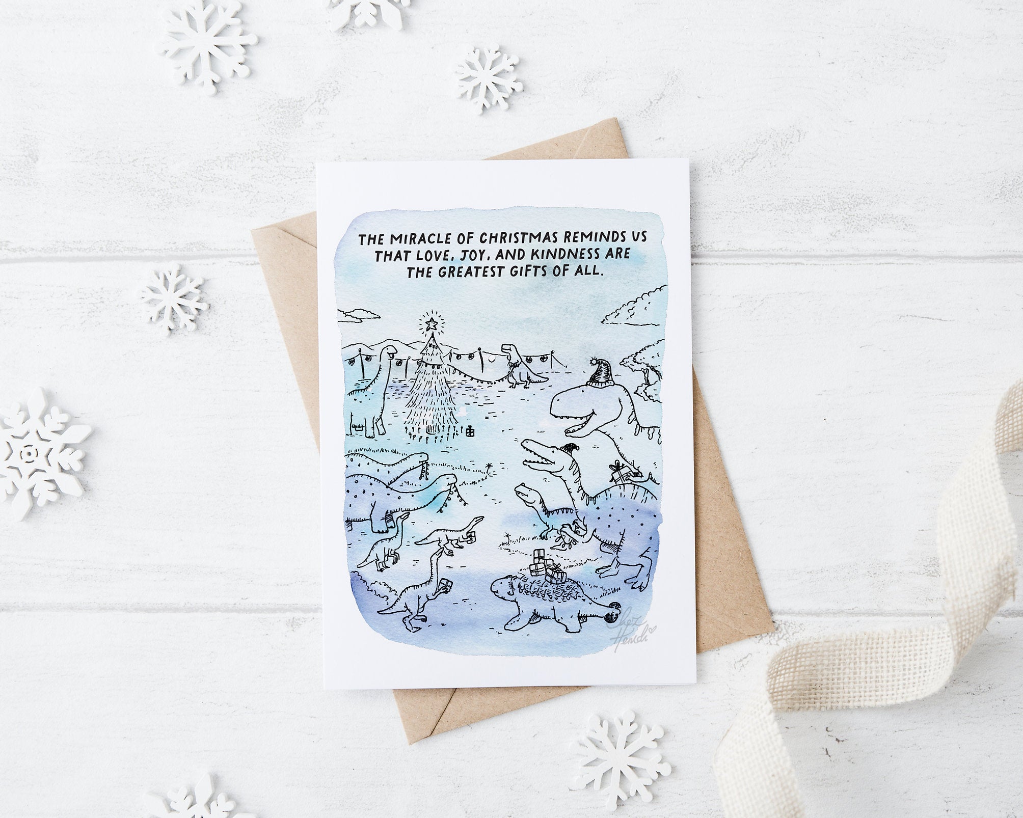 ChezHemdi A6 dino postcard with ‘The Miracle of Christmas’ verse – Christian Christmas card from The Commandment Co