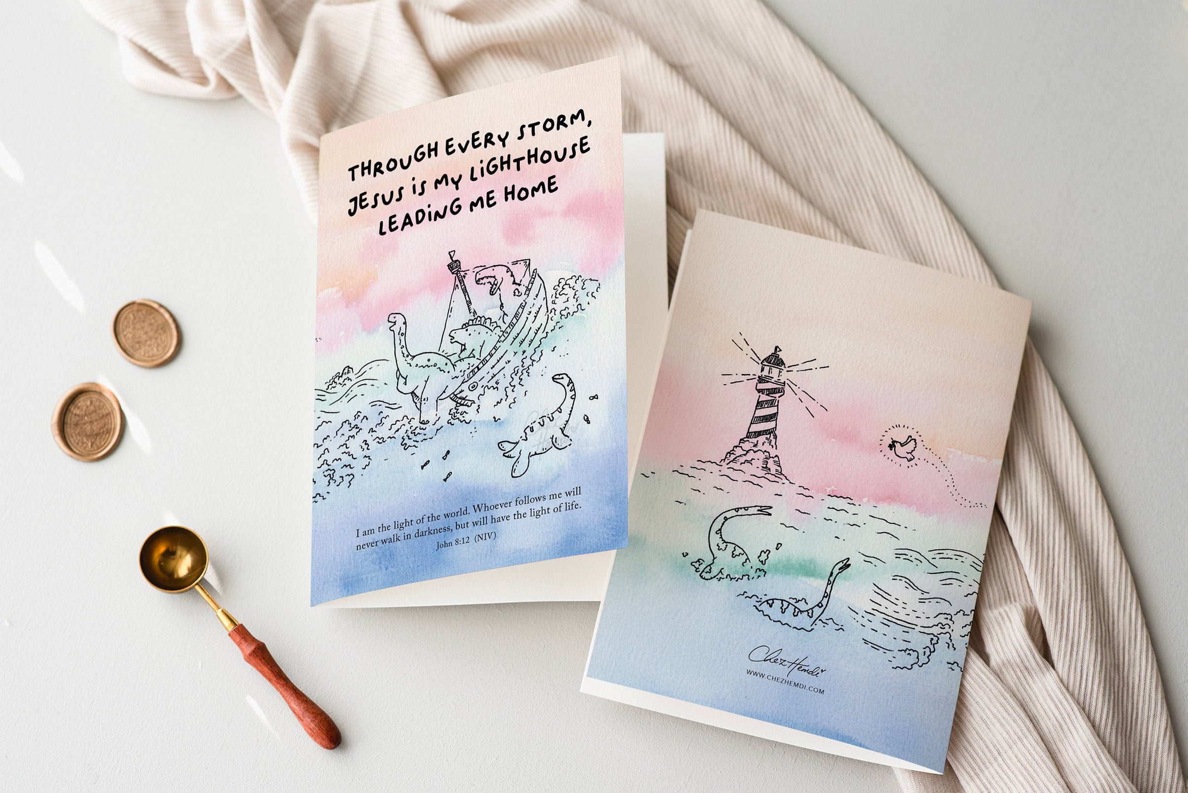 ChezHemdi dino greeting card with ‘Jesus Is My Lighthouse Leading Me Home’ verse – Christian encouragement stationery from The Commandment Co