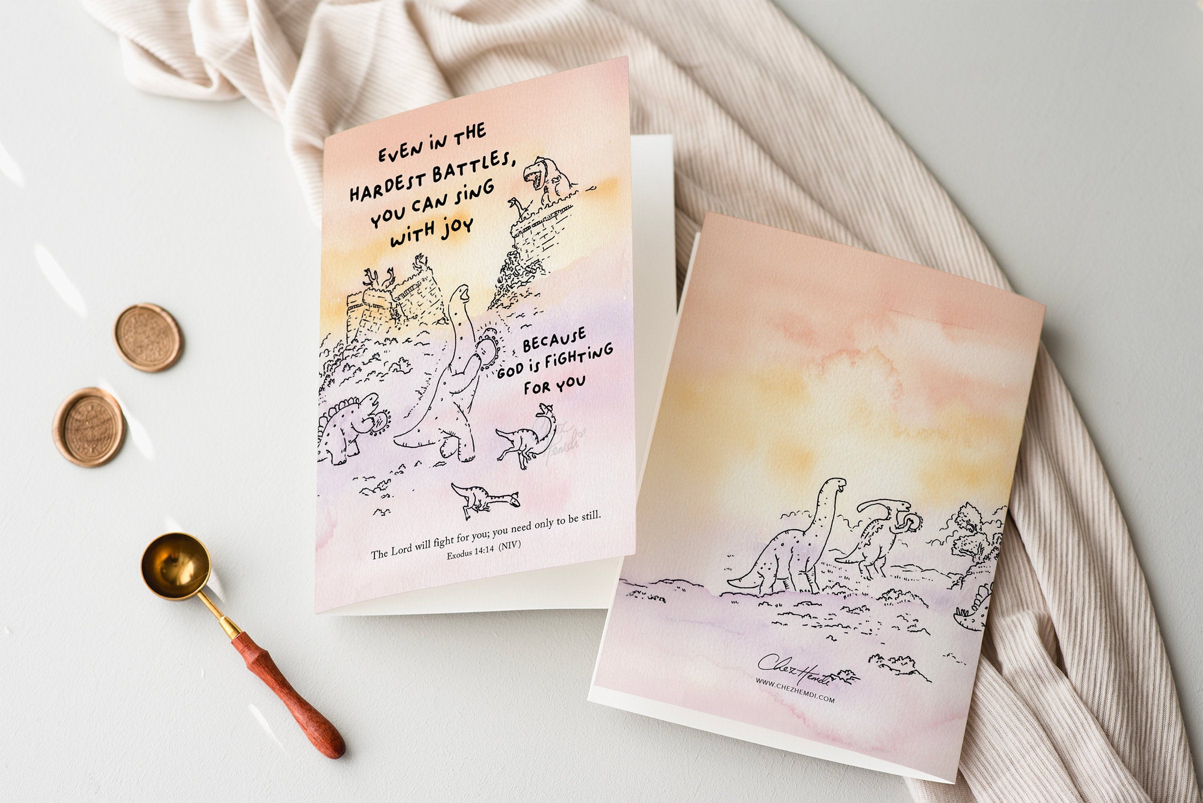 ChezHemdi dino greeting card with ‘Sing with Joy’ and Exodus 14:14 verse – Christian encouragement stationery from The Commandment Co