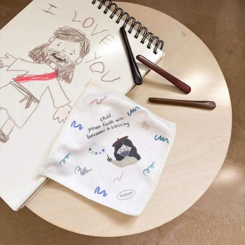 Child, Your Faith Will Become a Blessing Christian handkerchief featuring a Jesus artist illustration beside a sketchbook and crayons