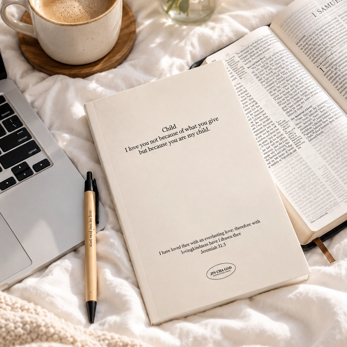 Child I Love You A5 Christian notebook styled with a Bible, laptop, coffee and flowers
