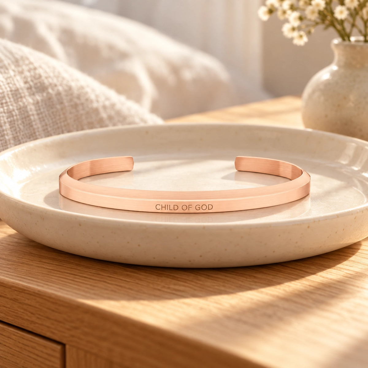 Child of God Classic Verse Band displayed on a ceramic tray in a warm lifestyle setting