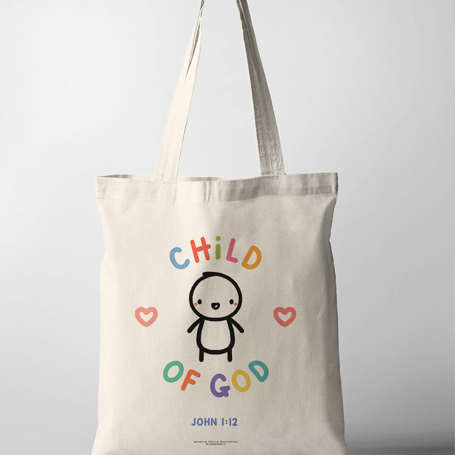 Child of God John 1:12 Christian tote bag featuring cute illustrated child with pastel lettering and hearts, faith-based collaboration with Chari Designs.