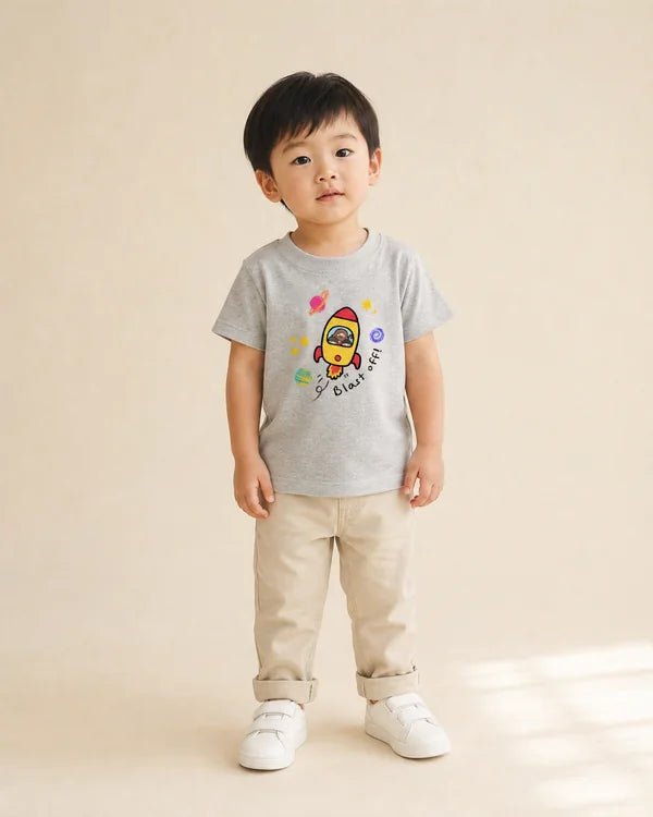 Young child wearing the grey Blast Off rocket kids T-shirt with beige trousers