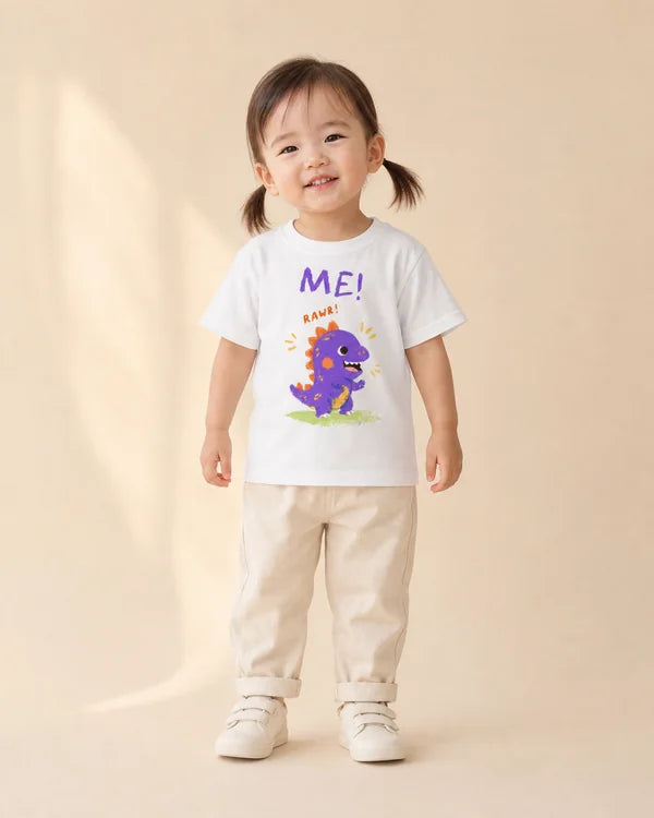 Child wearing the white ME! RAWR dinosaur kids T-shirt in a warm studio setting