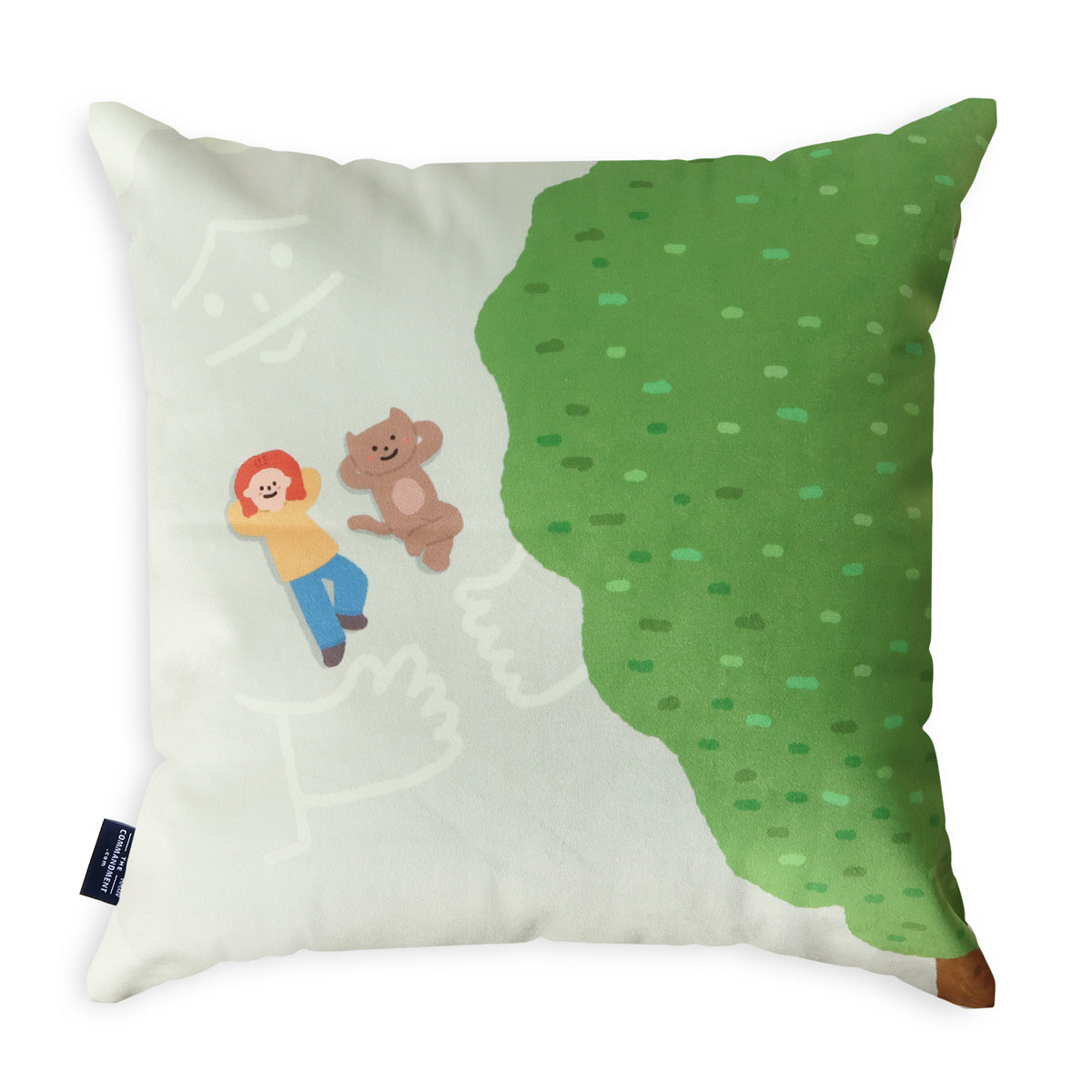 Decorative throw pillow featuring an illustration of a child lying under a tree with an animal companion, designed for Christian faith-based home decor with a nature theme.