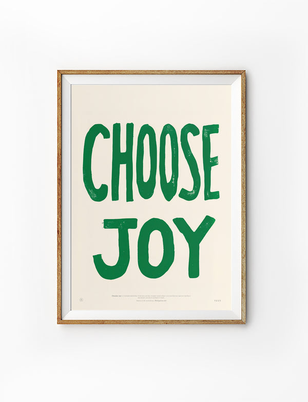 Choose Joy Christian poster inspired by Philippians 4:4 in a natural wood frame on a white background