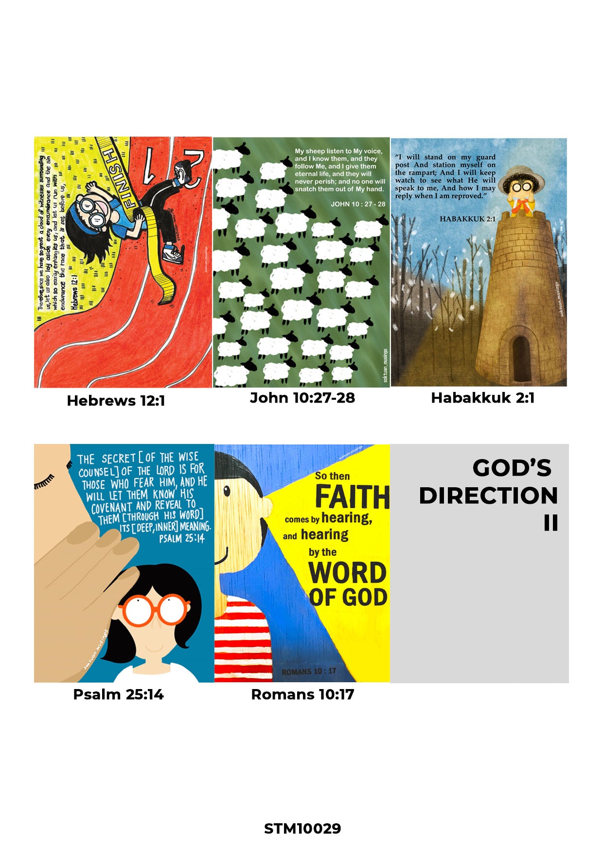 Christian card set featuring vibrant illustrations and Bible verses including Hebrews 12:1, John 10:27-28, Habakkuk 2:1, Psalm 25:14, and Romans 10:17, highlighting God’s direction and inspiring faith-filled living.