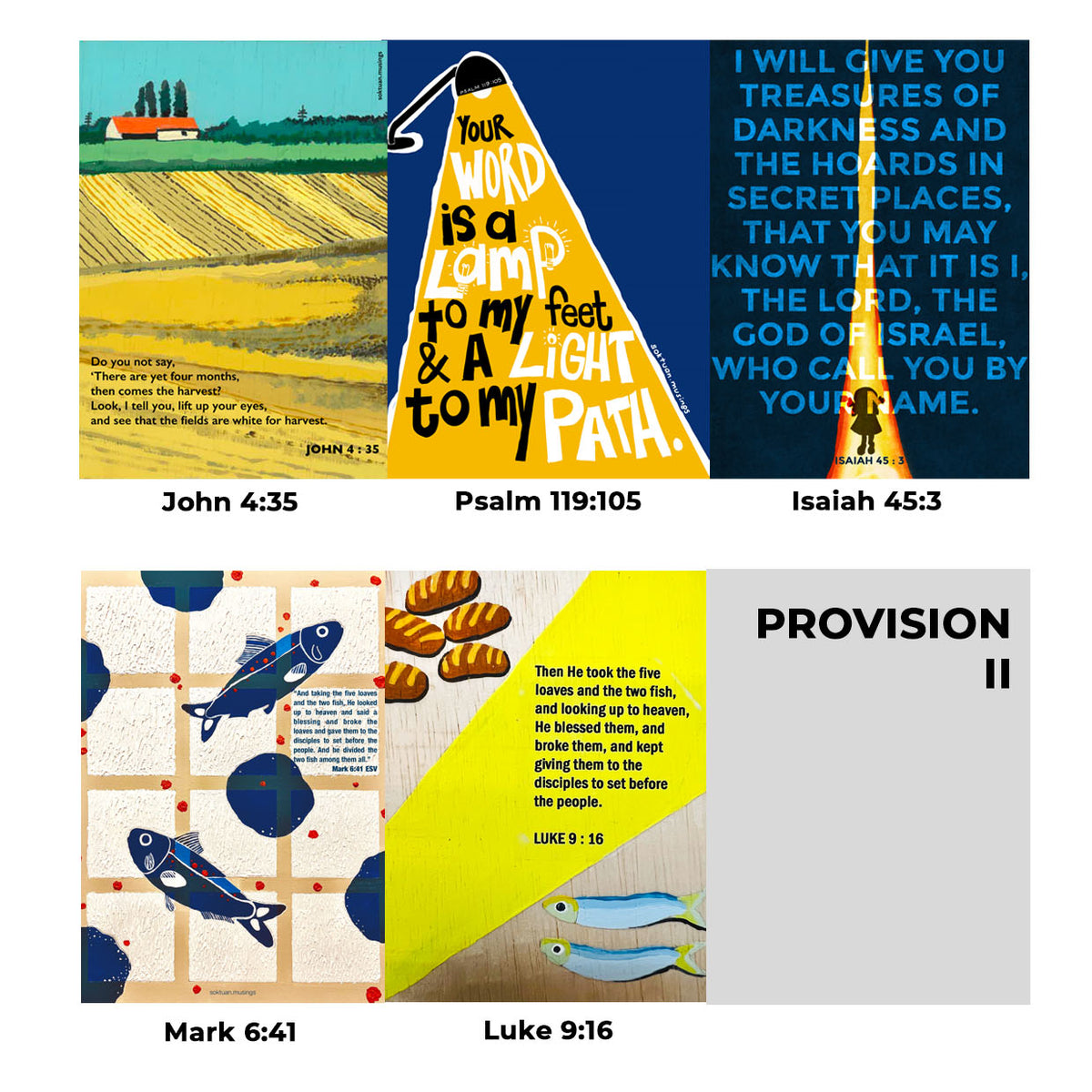 Christian card set featuring vibrant illustrations and Bible verses including John 4:35, Psalm 119:105, Isaiah 45:3, Mark 6:41, and Luke 9:16, celebrating God’s provision and inspiring faith-filled encouragement.