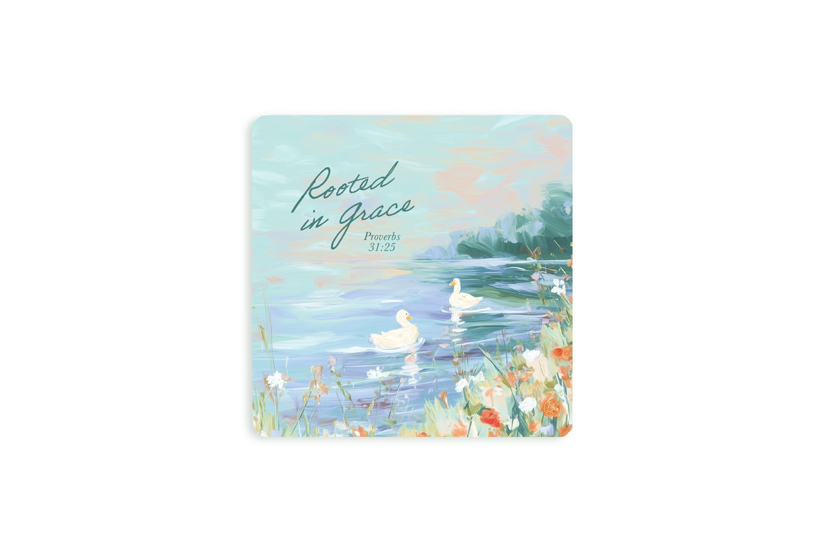 Christian coaster with “Rooted in Grace” and Proverbs 31:25 showing ducks on a calm lake surrounded by flowers in a soft pastel painting style