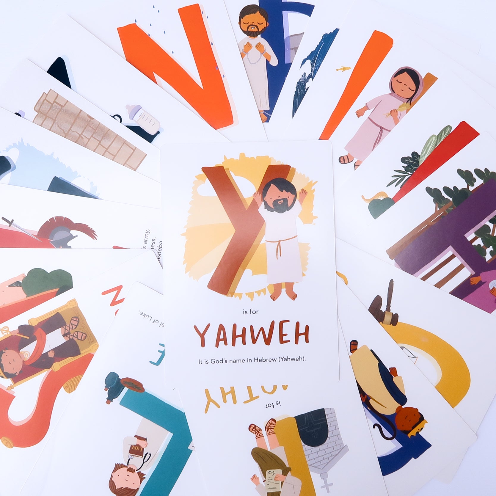 Alphabet Adventures: Bible Characters from A to Z – a Christian flashcard set for kids with colorful illustrations of biblical figures, perfect for learning and gifting