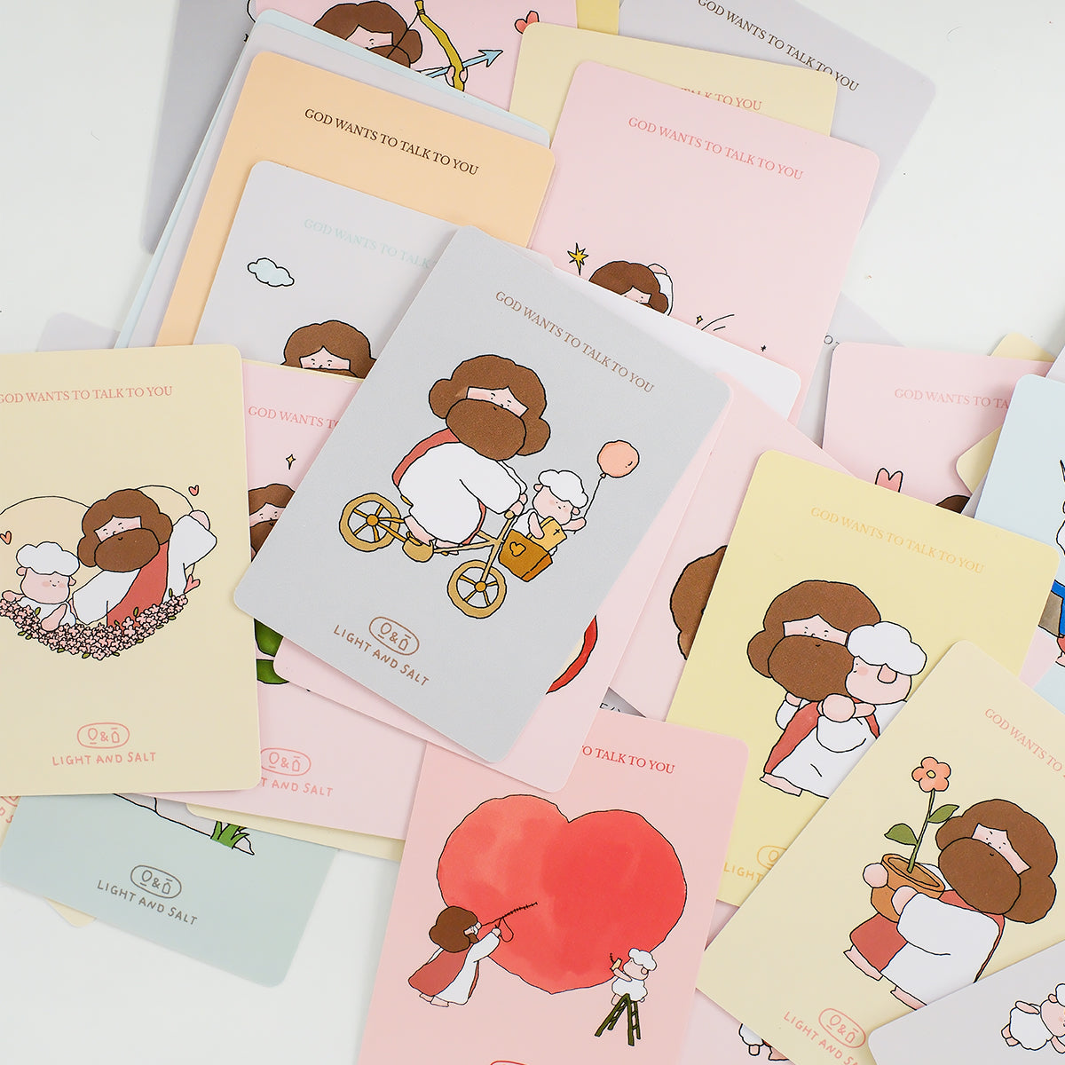 Christian mini card set featuring cute Jesus illustrations with the phrase “God wants to talk to you” in soft pastel colors, designed as encouragement cards