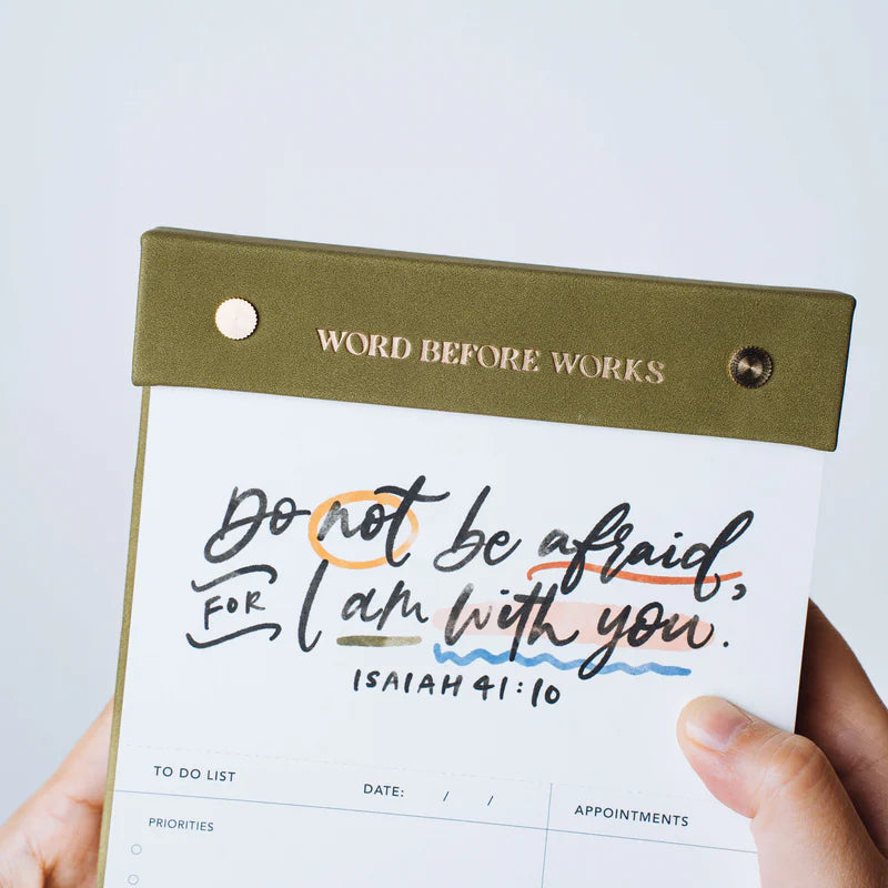 Close-up of The Project J Christian notepad in Field of Grace colour, featuring the uplifting verse "Do not be afraid, for I am with you" from Isaiah 41:10, perfect for faith-inspired daily planning.