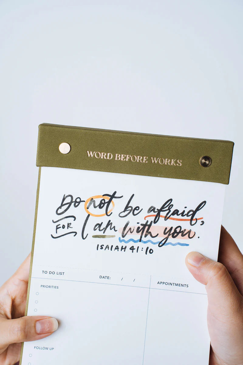 Close-up of The Project J Christian notepad in Field of Grace colour, featuring the uplifting verse "Do not be afraid, for I am with you" from Isaiah 41:10, perfect for faith-inspired daily planning.