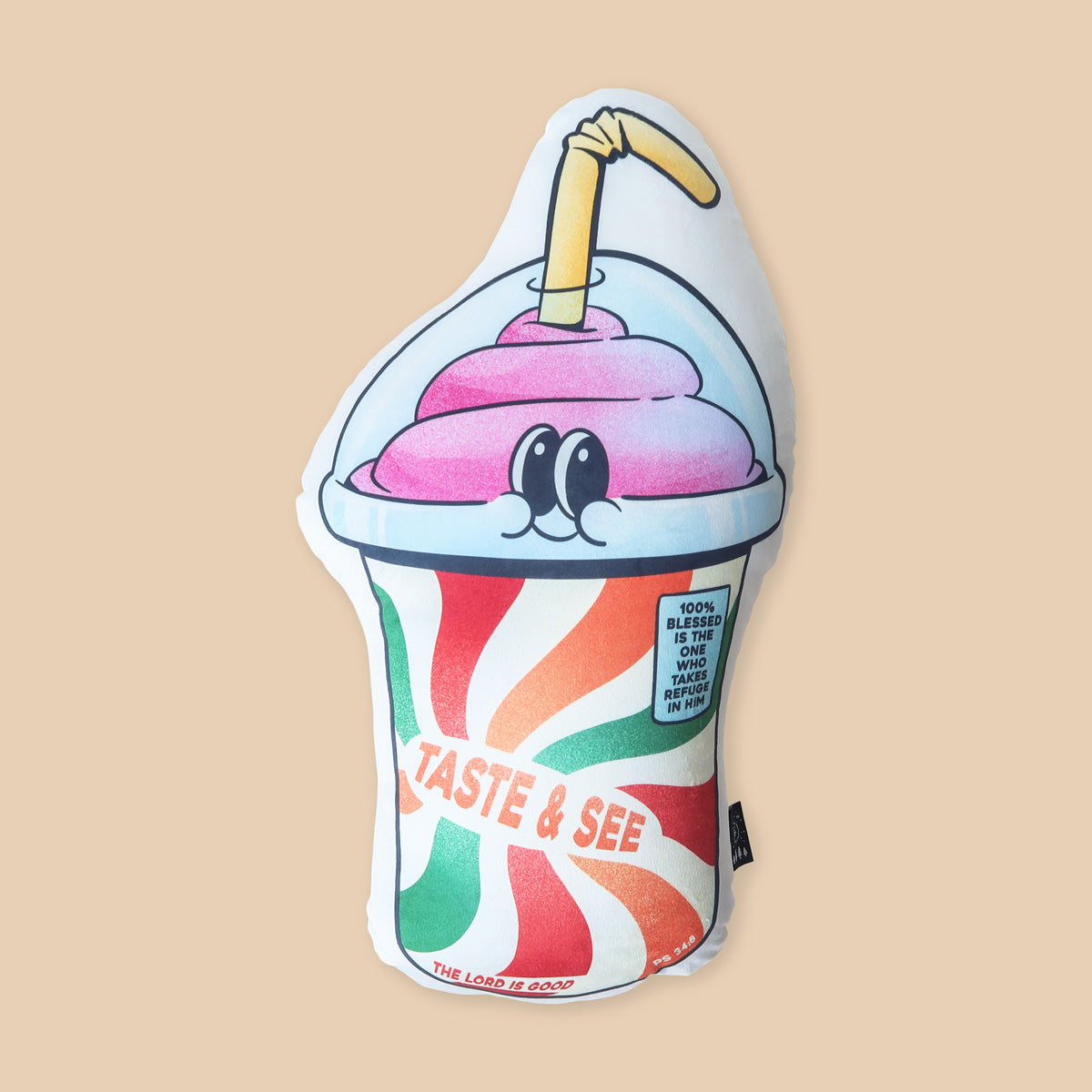 Christian plush toy pillow styled like a colorful slushie cup, featuring the message 'Taste & See' with Psalm 34:8, symbolizing faith and blessings.