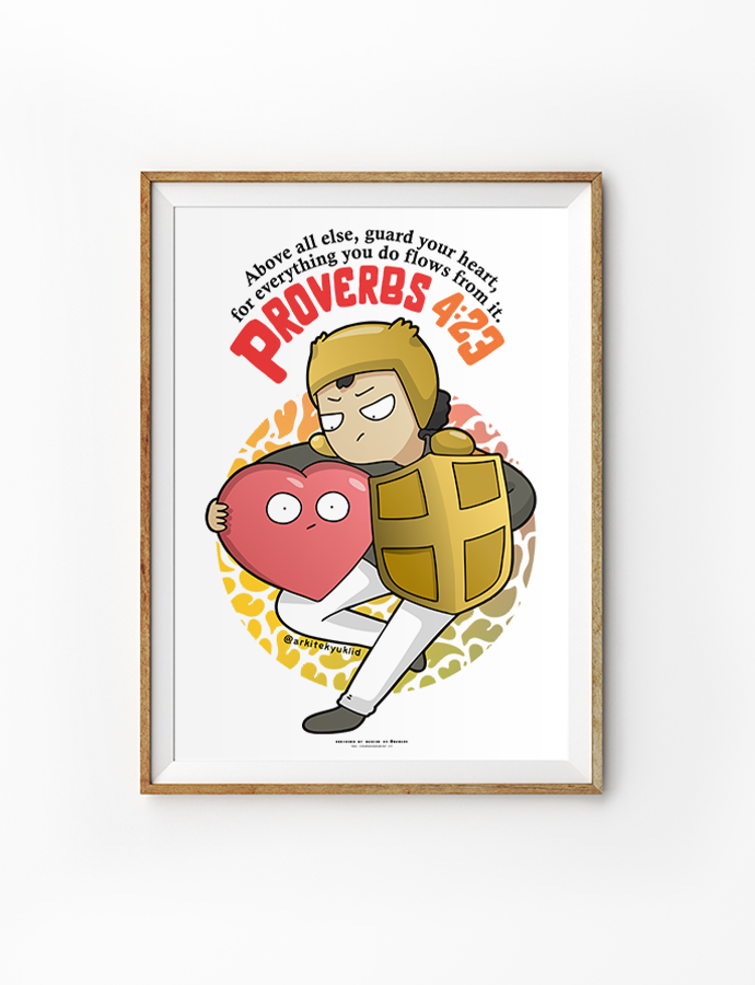 Inspirational Christian poster by John Euclid at The Commandment Co featuring Proverbs 4:23, with a cartoon character guarding a heart, promoting faith and encouragement.