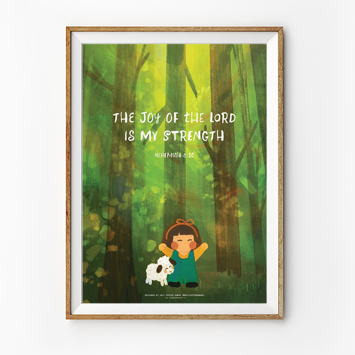 poster featuring a joyful girl with a sheep in a vibrant green forest, displaying the uplifting Bible verse "The joy of the Lord is my strength" from Nehemiah 8:10, reflecting simple happiness and encouragement.