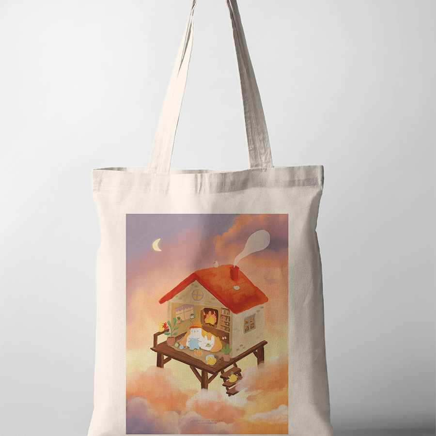 Christian tote bag featuring a cozy illustrated house in the clouds by One Silly Goose, symbolising rest, warmth, and God’s presence as a safe dwelling.