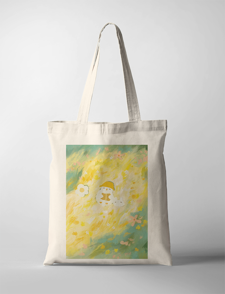 Christian tote bag featuring a soft yellow field illustration by One Silly Goose, symbolising peace, rest, and God’s gentle presence.